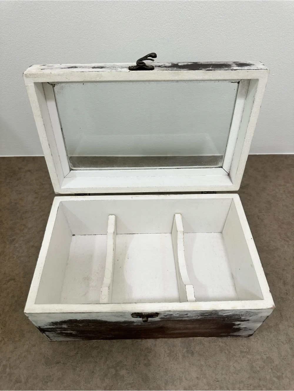 Tea Hot Cocoa Packet Organizer Box - Distressed White Wood Keepsake Glass Top